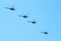 Group combat helicopters in flight during a military demonstration