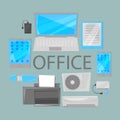 Group computer office equipment vector illustration. Laptop, monitor, tablet pc, smartphone and printer keyboard, photo Royalty Free Stock Photo