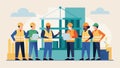 A group of construction workers standing in front of a partiallybuilt structure discussing the next steps in the Royalty Free Stock Photo
