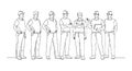 Group of construction workers standing in line vector illustration with helmets and uniforms Royalty Free Stock Photo