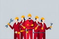 Team of Construction workers in red workwear an yellow helmets. Vector illustration and silhouettes. Royalty Free Stock Photo