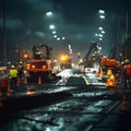 Group of construction workers are working on a road at night Royalty Free Stock Photo