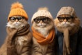 A group of cool cats wearing trendy glasses, scarves, and hats, striking a pose that oozes feline fashion. Generative Ai