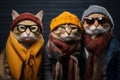 A group of cool cats wearing trendy glasses, scarves, and hats, striking a pose that oozes feline fashion. Generative Ai