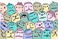 Group of cool creative kawaii style doodle characters creatures together. Pastel colors. Emotions sweet tender. Hand drawn vector