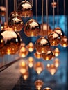 Group of copper spheres hanging from a ceiling in a room with a water fountain in front of the spheres and a glass table in the