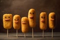 A group of corn dogs with funny faces on them AI generation