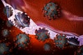 Group of coronavirus or covid 19 virus cells invading or infecting a cell 3D rendering illustration. Microbiology, medicine, Royalty Free Stock Photo