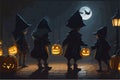 A group of costumed children trick-or-treating on a foggy Halloween night. Jack-o'-lanterns line the dimly lit Royalty Free Stock Photo