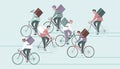 Group of couriers characters riding bicycle with delivery box