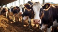 Group of cows at cowshed eating hay or fodder on dairy farm. Generative AI Royalty Free Stock Photo