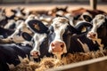 Group of cows at cowshed eating hay or fodder on dairy farm, neural network generated image Royalty Free Stock Photo