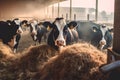 Group of cows at cowshed eating hay or fodder on dairy farm, neural network generated image Royalty Free Stock Photo