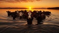 A group of cows standing in a body of water. Generative AI image. Royalty Free Stock Photo