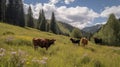 Alpine Serenity: Cows Grazing on Wildflower Meadow. Generative AI Royalty Free Stock Photo