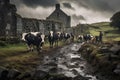 A group of cows walking along a dirt road in Cumbria, Ireland cattle farm with cow family portrait, AI Generated Royalty Free Stock Photo