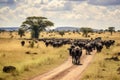 A group of cows walking along a dirt road, moving in unison towards an unknown destination, Roaming herds in Serengeti National