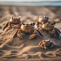 A group of crabs on the seashore participating in a sandcastle-building contest for the New Year1 Royalty Free Stock Photo