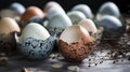 A group of cracked eggs with some still intact on a table, AI