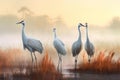 Group of cranes standing in a serene lake surrounded by a blanket of morning mist, AI-generated. Royalty Free Stock Photo