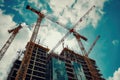 A group of cranes standing on top of a tall building, looking down onto the city below, A team of construction robots working on a