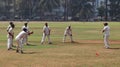 A group of cricket players practicing in a closed circle.