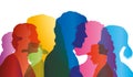 Talking crowd. Dialogue between people. Colored silhouette profiles. Multiple exposure vector