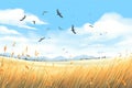 group of crows circling above a tall, windy grass field Royalty Free Stock Photo