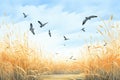 group of crows circling above a tall, windy grass field Royalty Free Stock Photo