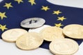Group of crypto coins on European Union flag