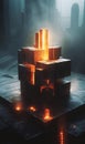 A group of cubes sitting on top of a table an nuclear art casting a flame spell. AI generated