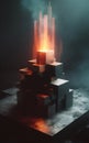 A group of cubes sitting on top of a table an nuclear art casting a flame spell. AI generated