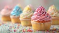 A group of cupcakes with different colored frosting and sprinkles, AI Royalty Free Stock Photo