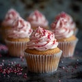 A group of cupcakes with pink frosting and sprinkles on a table Royalty Free Stock Photo