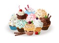 Group of cupcakes. Sweets and homemade cupcake with caramel, meringue in box for shop vector desserts