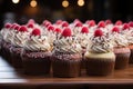 a group of cupcakes on a table with raspberries on top