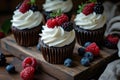 a group of cupcakes with white frosting and berries Royalty Free Stock Photo