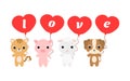 Group of cute animals. Cartoon dog, cat, sheep, pig stand and hold balloons in their hands. Happy Valentine day. Set of characters Royalty Free Stock Photo