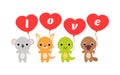 Group of cute animals. Cartoon koala, kangaroo, platypus, crocodile stand and hold balloons in their hands. Happy Valentine day.