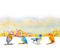 Group cute baby birds on the branches watercolor painting