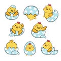 Group of cute baby chicken in broken blue easter egg shell collection, playful animal cartoon hand drawing outline vector