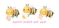 Group of cute baby honey bees with flower watercolor banner cartoon character hand painting illustration vector. Happy Honey bee Royalty Free Stock Photo