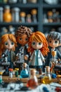 Group of cute cartoon scientists with microscopes and lab equipment in a colorful laboratory setting. Royalty Free Stock Photo