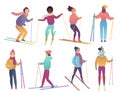 Group of cute cartoon skiers. People ski. Trendy gradient flat color vector illustration. Winter active sport leisure.