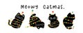 Group of Cute Christmas Black Cats adorned with lights, Meowy Catmas, humor banner and greeting card, Funny and Playful Cartoon