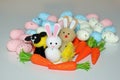 Easter Bunnies lamb & chick with carrots and eggs Royalty Free Stock Photo