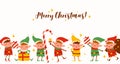 Group of cute elves on Merry Christmas horizontal background. Funny Santa helpers in costumes isolated. Fairy tale