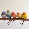 Group of cute felted bird figurines sitting on a branch.
