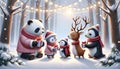 A group of cute friends exchanging gifts in a snowy forest, with Christmas lights on trees.