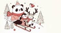 A group of cute friends sledding in snow, winter outdoors activity,